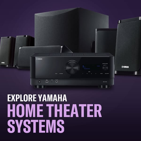 The ad showcases Yamaha's home theater systems. The image displays a variety of speakers and audio equipment against