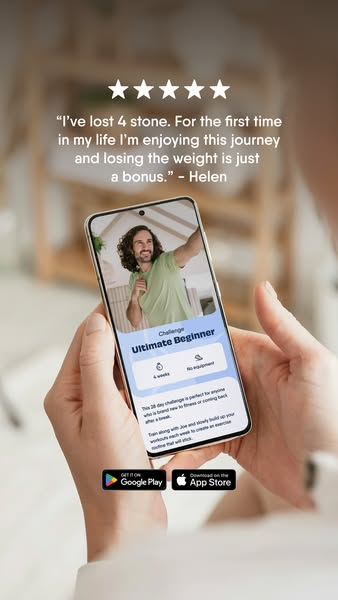 This ad features a testimonial from a user who has lost weight using the advertised fitness app. The ad shows a person h
