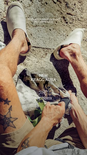 This ad features the Arc'teryx Kragg Aura ventilated approach and recovery shoe. The ad shows a close up of a man si