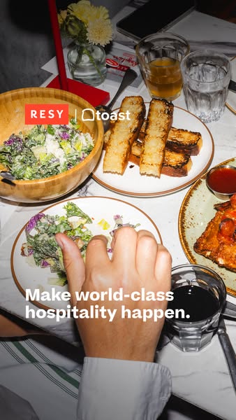 This ad promotes Resy and Toast, two software products for restaurants. The image shows a high-angle shot of a restauran