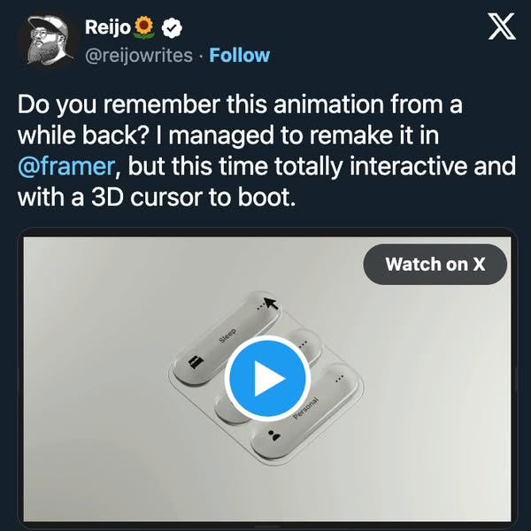 This ad showcases an interactive animation remake in Framer, highlighting its 3D cursor feature. It targets users famili