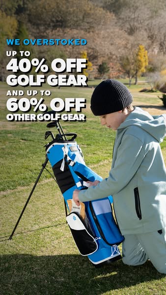 This ad features a person kneeling next to a golf bag, appearing to take golf gear out of one of the pockets. The ad off