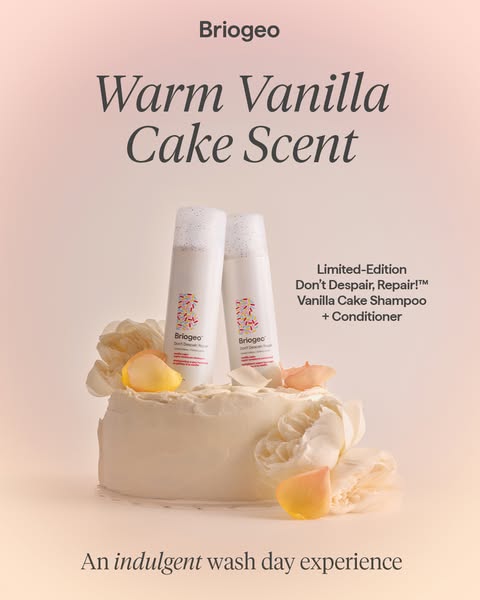 This ad features two Briogeo Don't Despair, Repair! Vanilla Cake Shampoo + Conditioner bottles sitting on top of a c