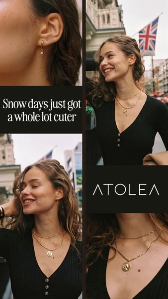 This ad for Atolea features a woman wearing Atolea jewelry in an outdoor urban setting with a Union Jack flag.
