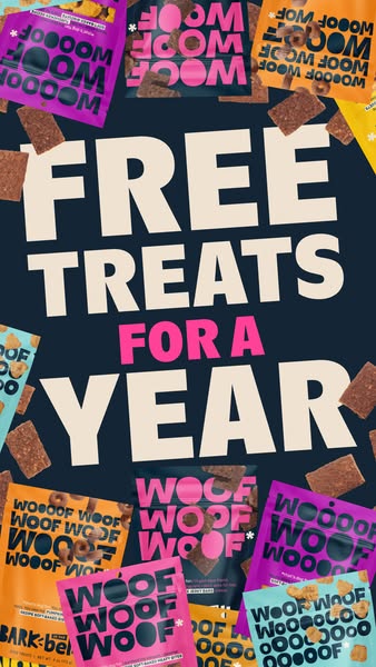 This ad promotes Woof Woof Woof brand dog treats by offering viewers a chance to win free treats for a year.