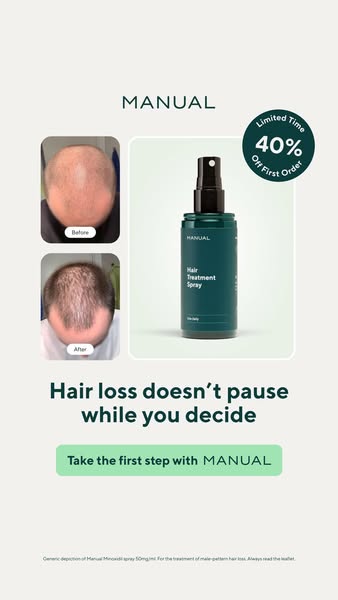 This image ad for Manual features a before-and-after shot to showcase their hair treatment spray. The ad includes an off