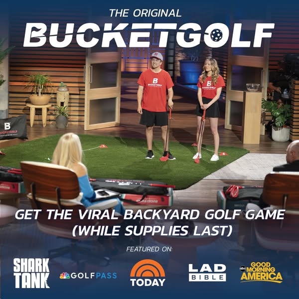 This image ad for BucketGolf features a product demo with two people playing the game on a green lawn. The ad highlights