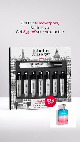 The ad promotes the Juliette Has a Gun brand and offers a discount for a future purchase. The ad shows the Discovery Set
