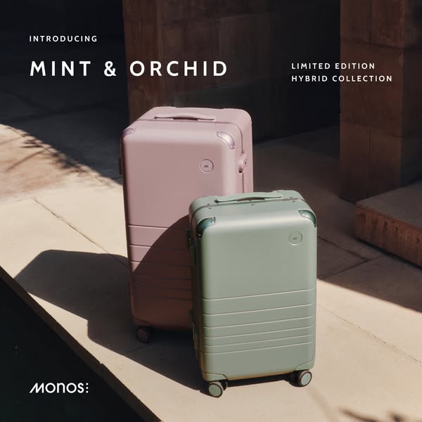 This ad showcases Monos' new limited edition hybrid collection in mint and orchid colors. The ad features two suitca