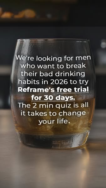 This image ad promotes Reframe, a program designed to help men break bad drinking habits. It features a glass of amber l