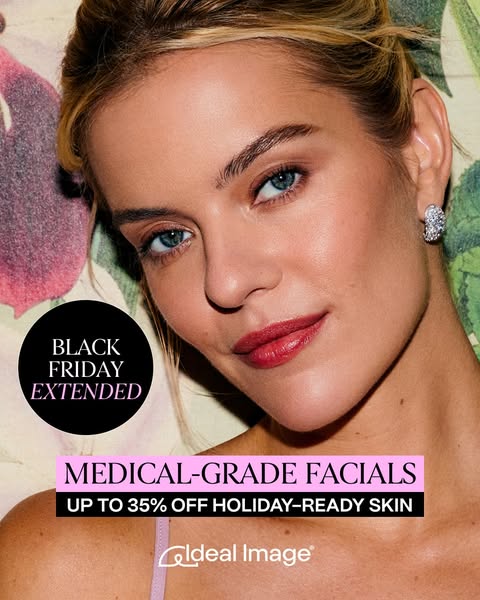 This ad promotes medical-grade facials from Ideal Image, highlighting a limited-time offer of up to 35% off for holiday-