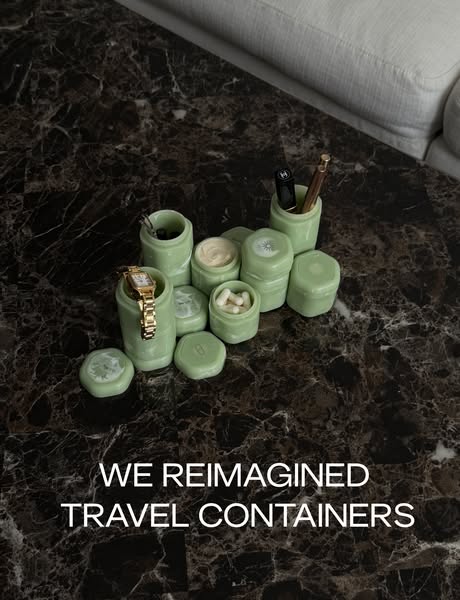This image ad promotes reusable travel containers for liquids and pills.