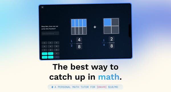 This ad promotes a math tutoring app. The ad features a tablet displaying a math problem and the app's interface. Th