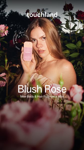 An ad for Touchland's Blush Rose New Body & Hair Fragrance Mist, featuring a model in a rose garden setting hold