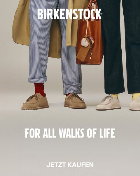This image ad for Birkenstock features two models wearing pairs of the brand's Boston clogs, with a tagline promotin