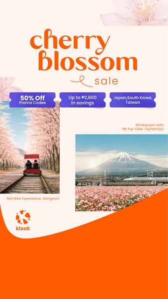 This ad showcases Klook's Cherry Blossom sale with travel experiences to Gangwon, South Korea and Fujinomiya, Japan.