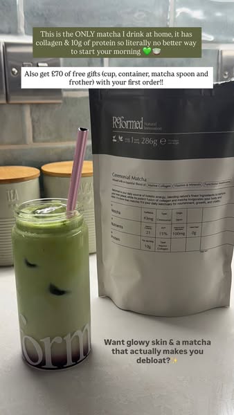 This ad for Reformed matcha features a glass of prepared matcha next to a bag of the product. The ad includes text about