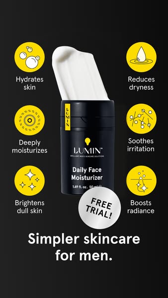 This image ad for Lumin Daily Face Moisturizer highlights the product's benefits and offers a free trial.