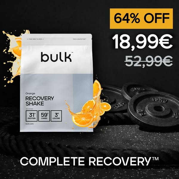 This ad showcases Bulk's Orange Recovery Shake, highlighting its protein, carbs, and leucine content. It features a 