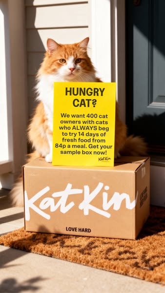 This image ad features a fluffy orange and white cat sitting on top of a KatKin box, holding a sign that reads, "Hu