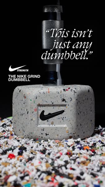 This ad showcases the Nike Grind Dumbbell, highlighting its unique design and sustainable materials.