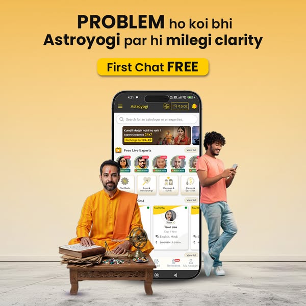 This image ad for Astroyogi features two men along with a smartphone screen displaying the app's interface. The ad h