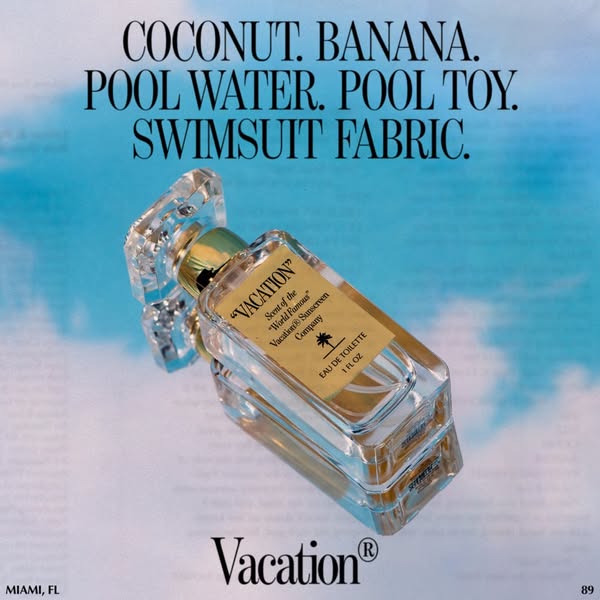 This ad showcases Vacation brand's Eau de Toilette. The ad uses sensory language to evoke the feeling of being on va