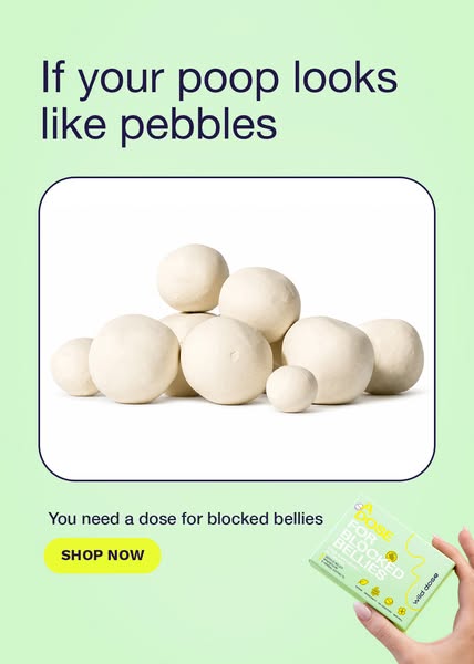 This single image ad for Wild Dose promotes a product for relieving blocked bellies. The ad features a pile of round, pe