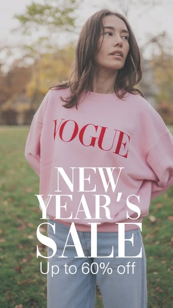This image ad promotes a New Year's sale with up to 60% off. The ad features a woman wearing a pink sweatshirt with 