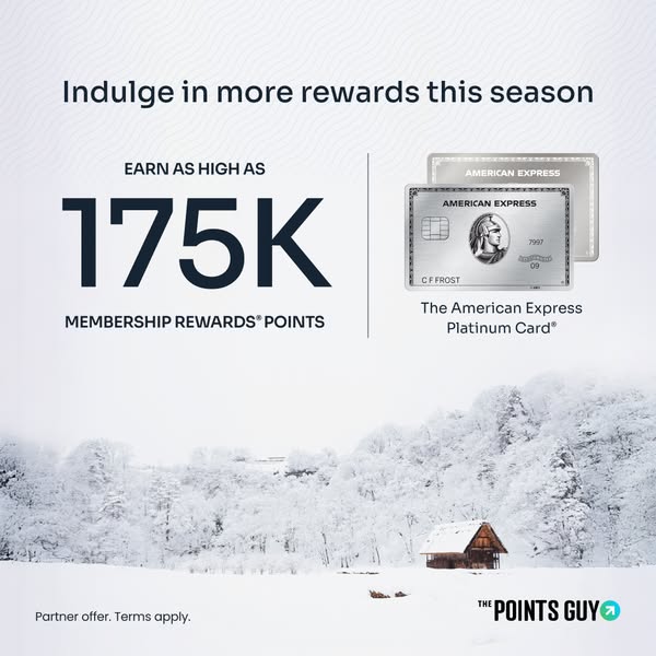 The ad promotes earning up to 175K membership rewards points on the American Express Platinum card and features imagery 