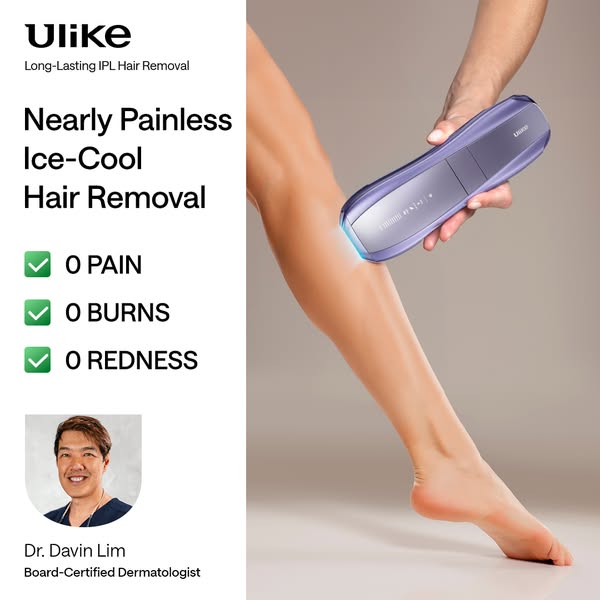 This image ad showcases the Ulike hair removal device and emphasizes its painless, ice-cool technology through visuals, 
