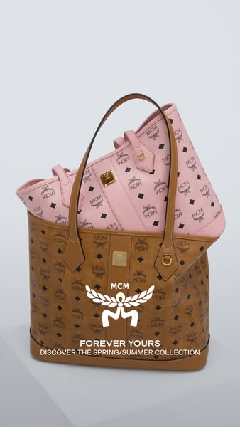 This ad showcases MCM's spring/summer collection through a stack of two MCM totes.