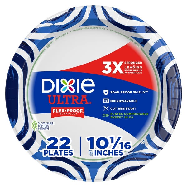 This ad features a single Dixie Ultra paper plate with a blue and white design. The ad highlights the plate's streng