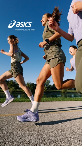 A dynamic shot of three women running outdoors, highlighting the ASICS brand and their athletic shoes.