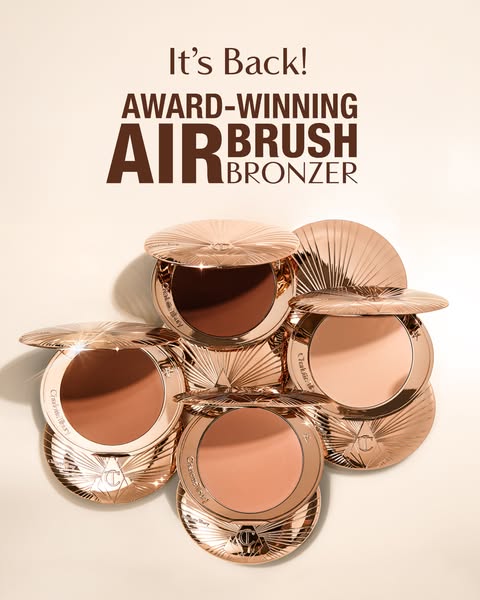 This is a product ad that showcases the Charlotte Tilbury Airbrush Bronzer. The ad features five bronzer compacts with v