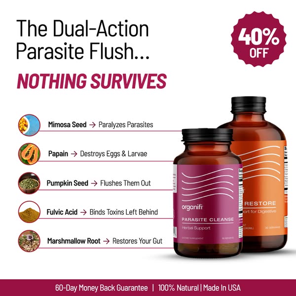 This ad is for Organifi's parasite cleanse. It first states the problem of parasites surviving inside the body and t