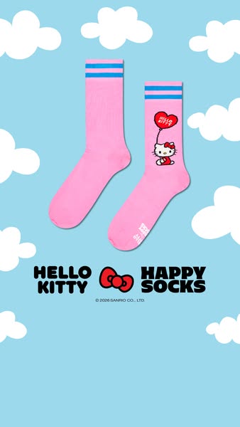 This ad features two pink socks from Happy Socks with Hello Kitty imagery on them. The ad is set on a blue background wi