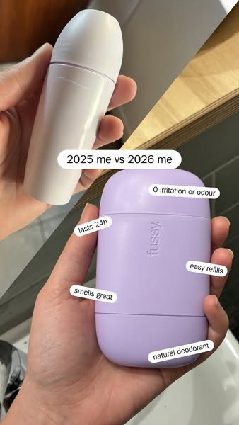 This ad compares a traditional deodorant stick with Fussy deodorant, highlighting the benefits of Fussy such as natural 
