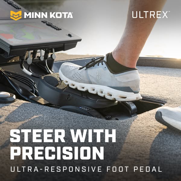 This image ad showcases the Minn Kota Ultrex trolling motor with its ultra-responsive foot pedal. It targets fishing ent