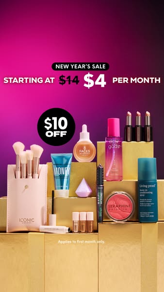 This ad showcases a variety of beauty products available through a subscription service, highlighting a New Year's s