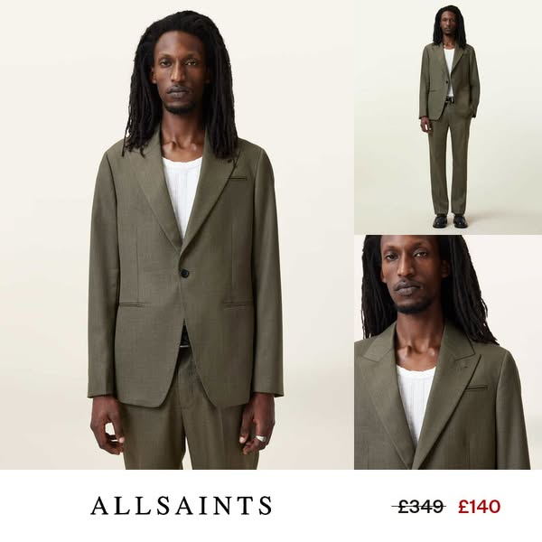 Image ad for AllSaints brand featuring a male model wearing a khaki suit. The image is broken into three different viewp