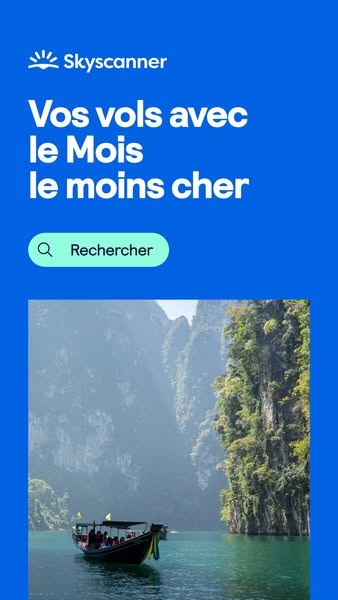 This ad for Skyscanner promotes finding the cheapest flights. The ad features a blue background with white text and the 