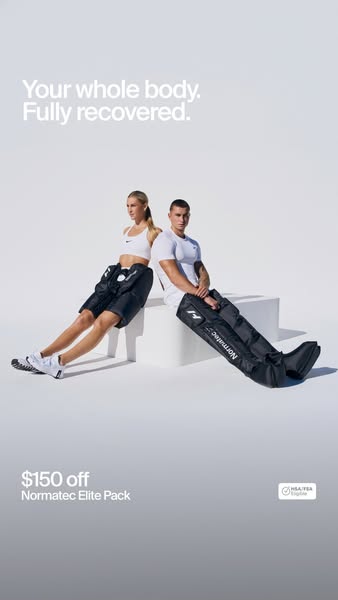 This ad features two athletes recovering with Normatec compression therapy, with an offer of $150 off the Normatec Elite