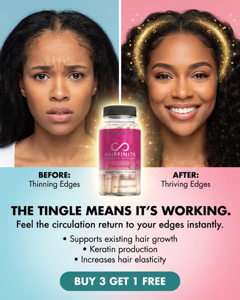 This image ad for Hairfinity vitamins uses a before-and-after format to showcase the product's effectiveness in prom