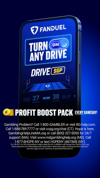 This ad promotes FanDuel's 'Drive SGP' feature, offering a 'Profit Boost Pack' every gameday. It inc
