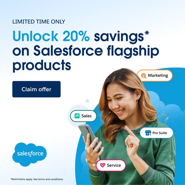 This ad promotes Salesforce flagship products with a limited-time offer of 20% savings. It features a smiling woman inte