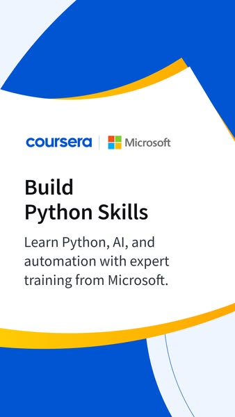 This is an ad for Coursera and Microsoft offering expert training to build Python, AI, and automation skills.
