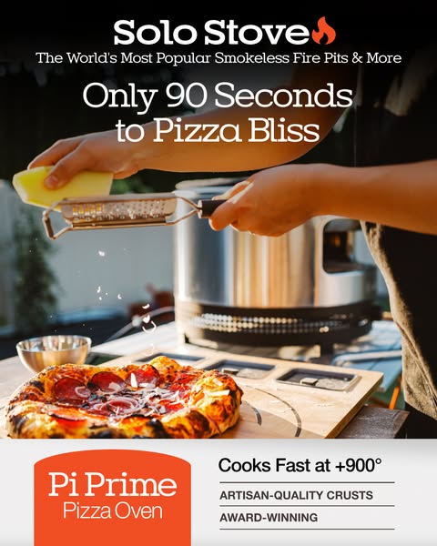 This ad showcases the Solo Stove Pi Prime Pizza Oven and highlights its ability to quickly cook artisan-quality pizzas.