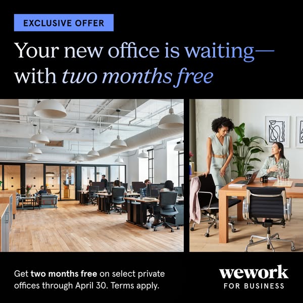 This image ad promotes WeWork business office spaces and advertises that customers can get two months free on select pri