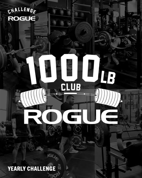 This Rogue Fitness ad promotes the yearly 1000 LB Club Challenge. The image is black and white and contains different im